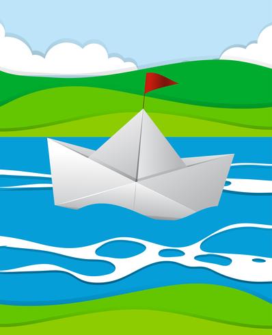 Barco de papel flutuando no rio vetor