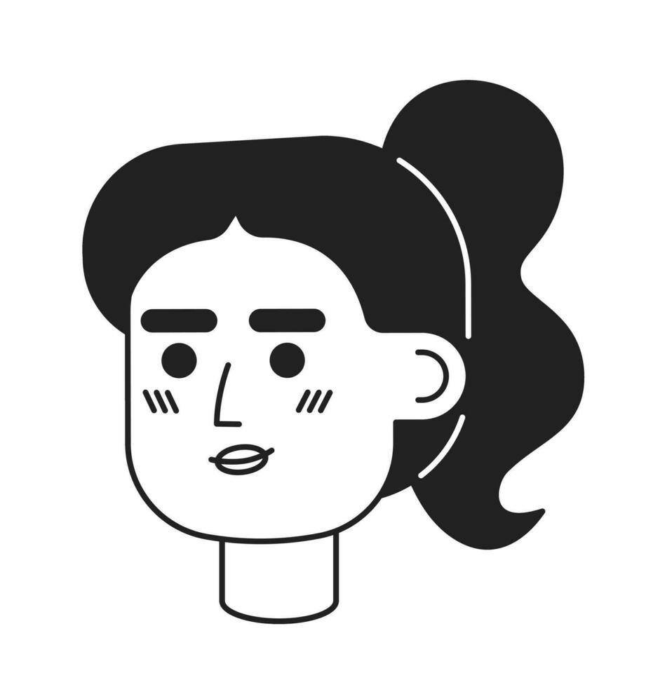 rabo de cavalo jovem adulto mulher rubor tímido Preto e branco 2d vetor avatar ilustração. morena meio Oriental esboço desenho animado personagem face isolado. milenar plano do utilizador perfil imagem, retrato