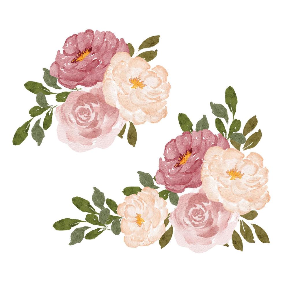 conjunto de arranjo de flores de peônia rosa aquarela vetor