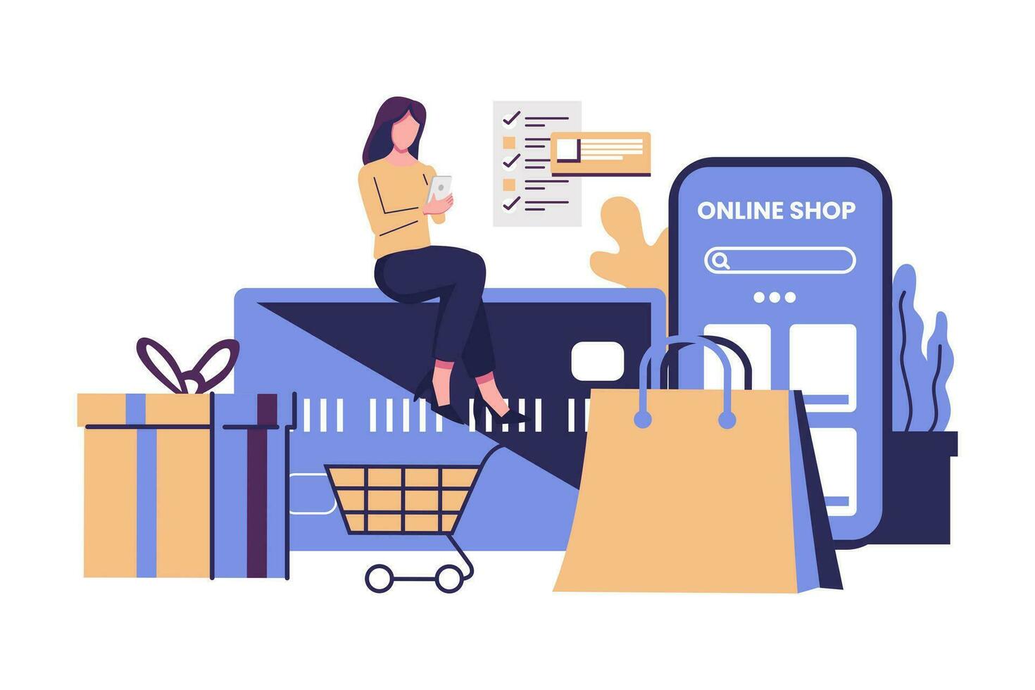 conectados compras, crédito cartão pagamento, presente cartão plano estilo ilustração vetor Projeto