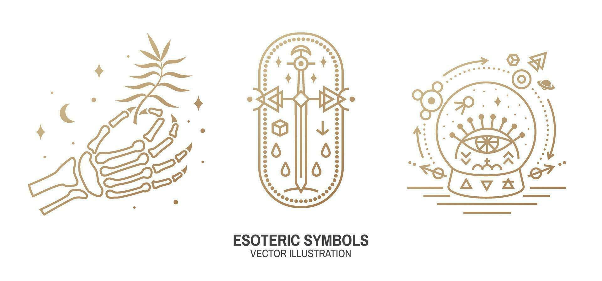 esotérico símbolos. vetor. fino linha geométrico distintivo. esboço ícone para alquimia, sagrado geometria. místico e Magia Projeto com humano esqueleto osso mão, velho espada e vidro bola e vendo tudo olho vetor