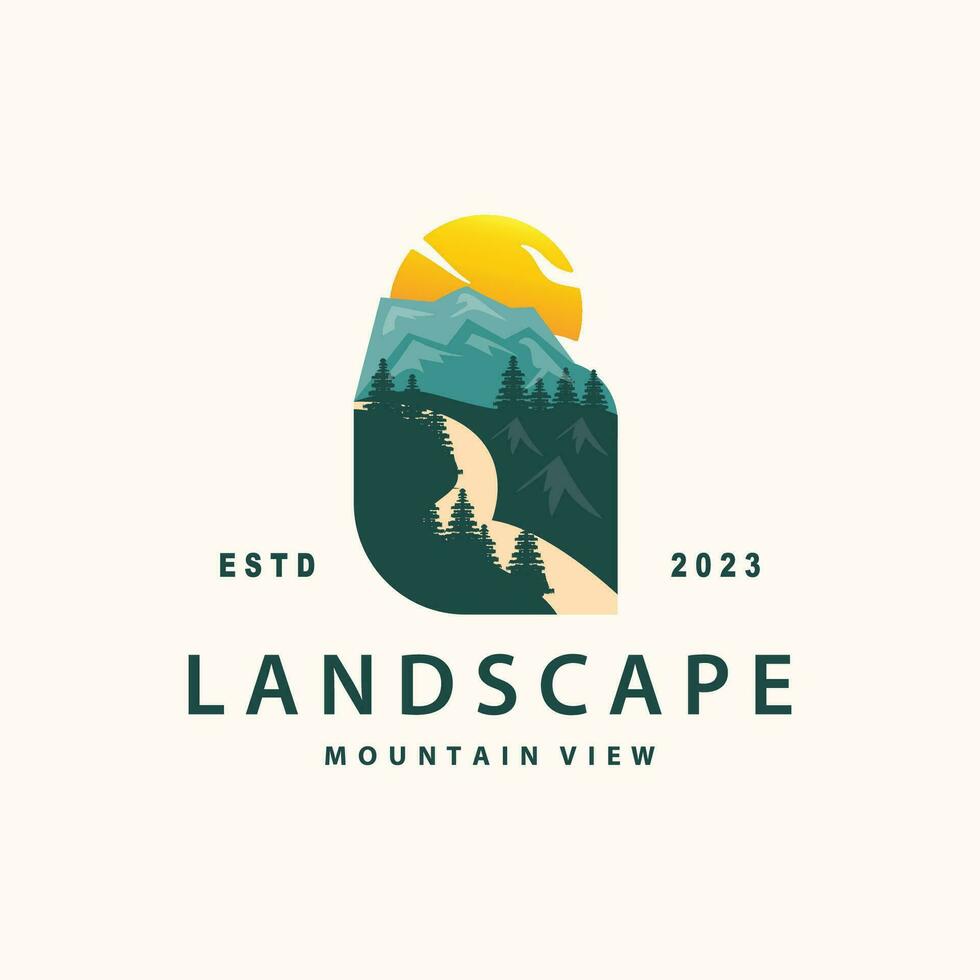 panorama logotipo natureza aventura Projeto montanha e rio luxo vetor ilustração