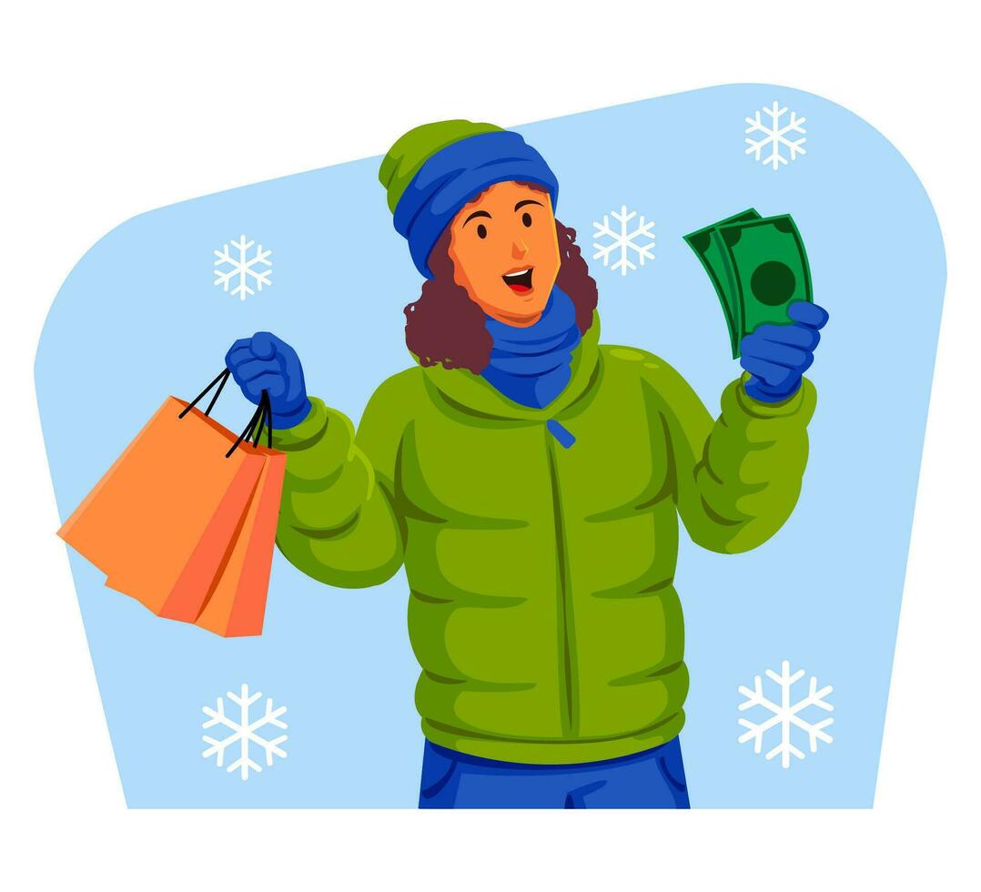 mulher dentro uma inverno Jaqueta com inverno chapéu e cachecol segurando compras bolsas e dinheiro vetor