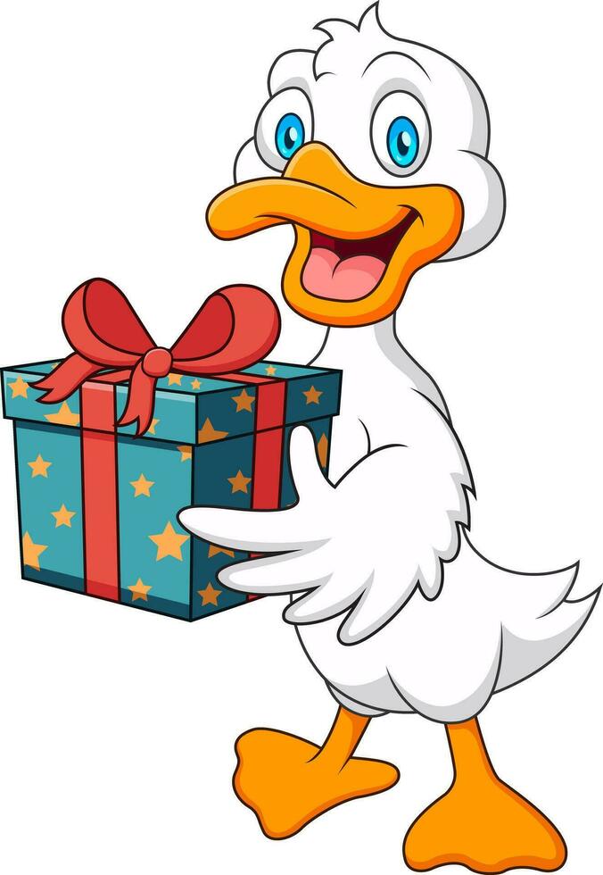 Pato mascote desenho animado é segurando uma presente caixa vetor