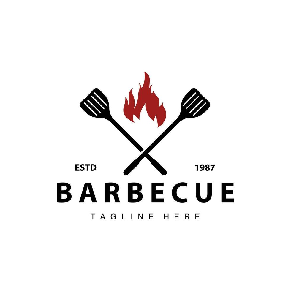 churrasco logotipo Projeto Barra restaurante quente grade fogo logotipo e espátula simples ilustração vetor