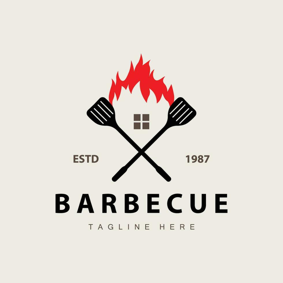 churrasco logotipo Projeto Barra restaurante quente grade fogo logotipo e espátula simples ilustração vetor