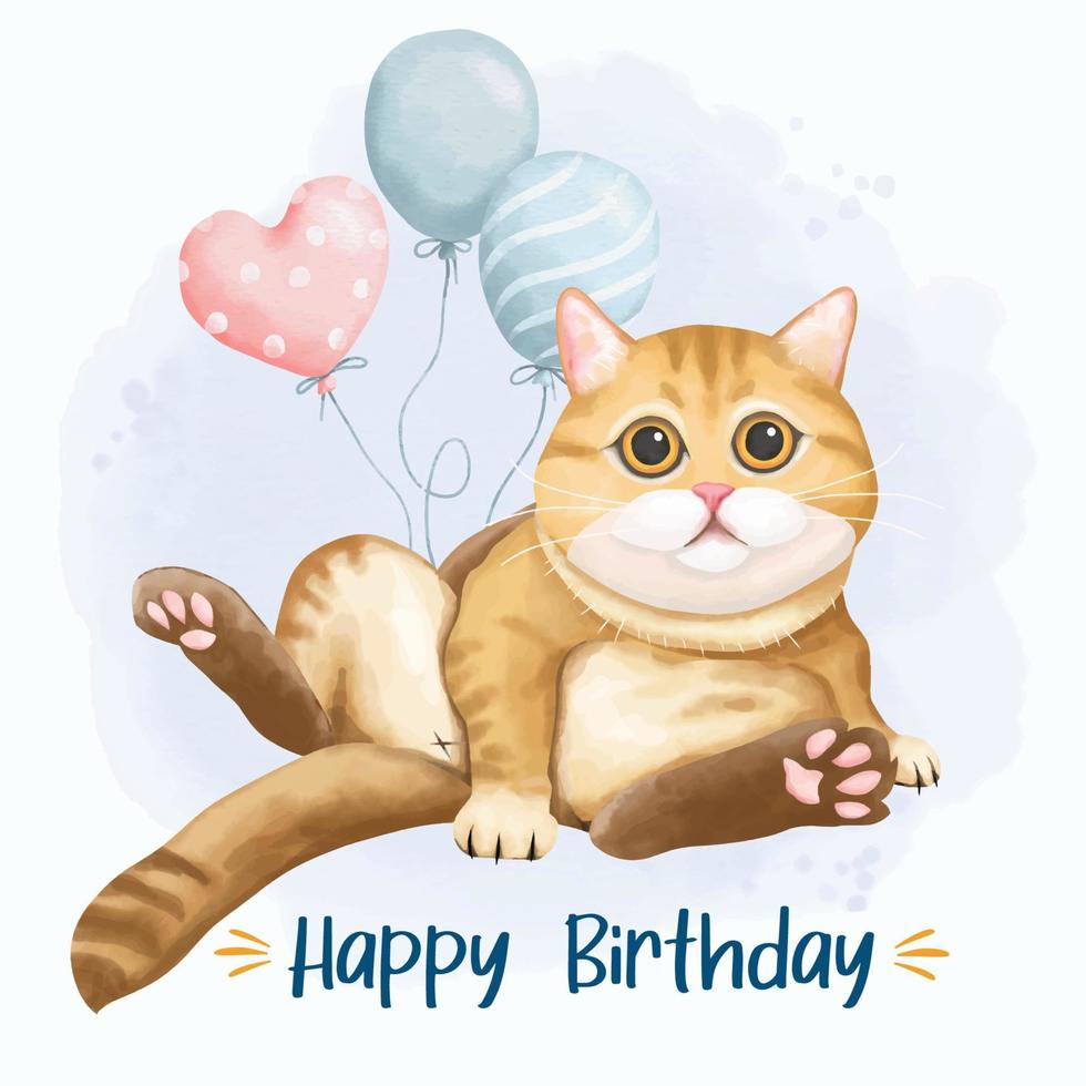 cartão de aniversário com ilustração de gato vetor
