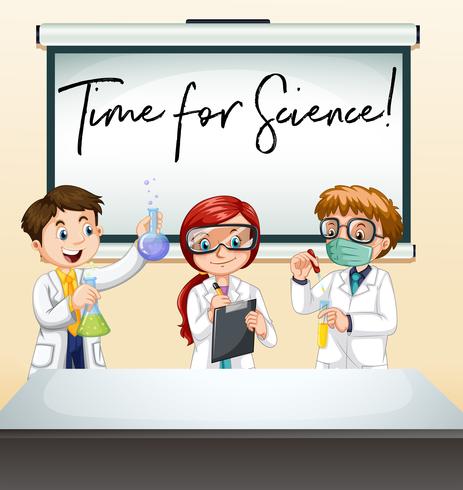Três cientistas em laboratório com tempo de frase para a ciência vetor