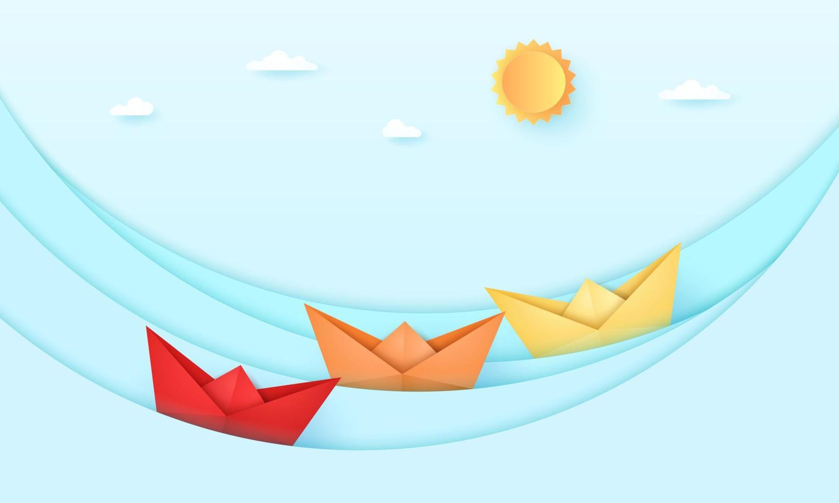 vista do mar, mar com barco de origami e com sol e céu brilhantes, ondas do mar, estilo de arte em papel vetor