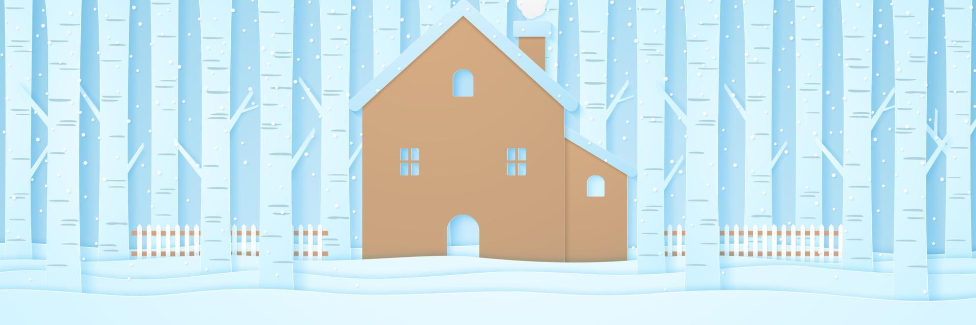 ouse com cerca e pinheiros na neve na paisagem de inverno com neve caindo, estilo paper art vetor