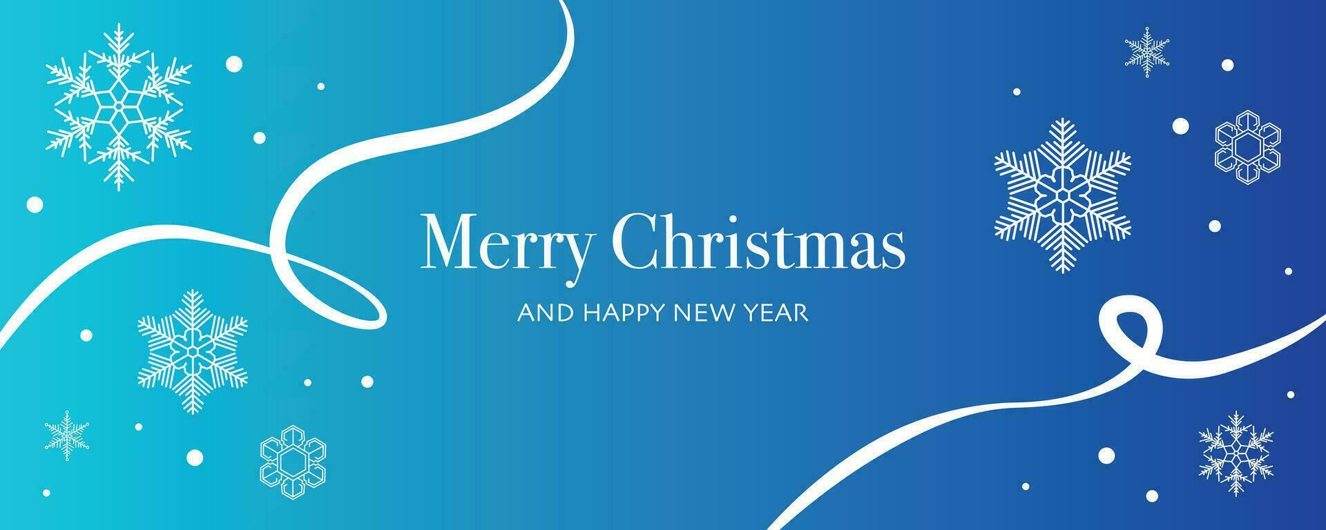 Natal e Novo anos cumprimento cartão com branco flocos de neve e fitas em azul e tolet gradiente fundo vetor