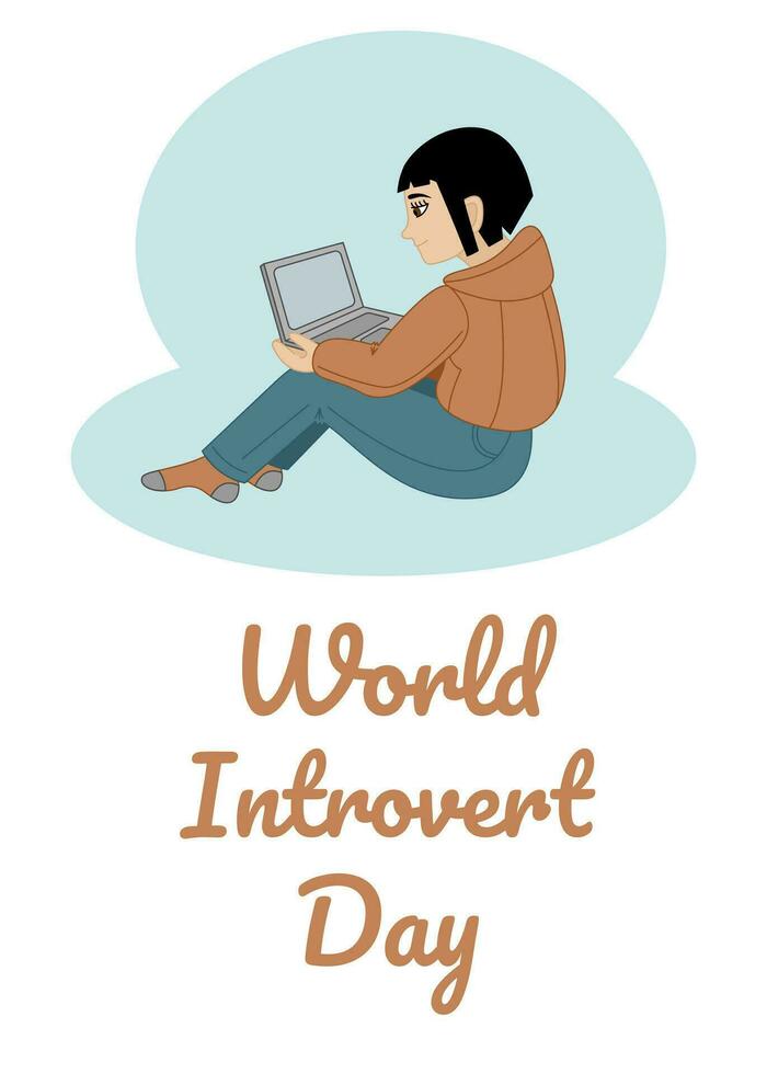 poster para mundo introvertido dia com uma menina com uma computador portátil. plano cor vetor ilustração.