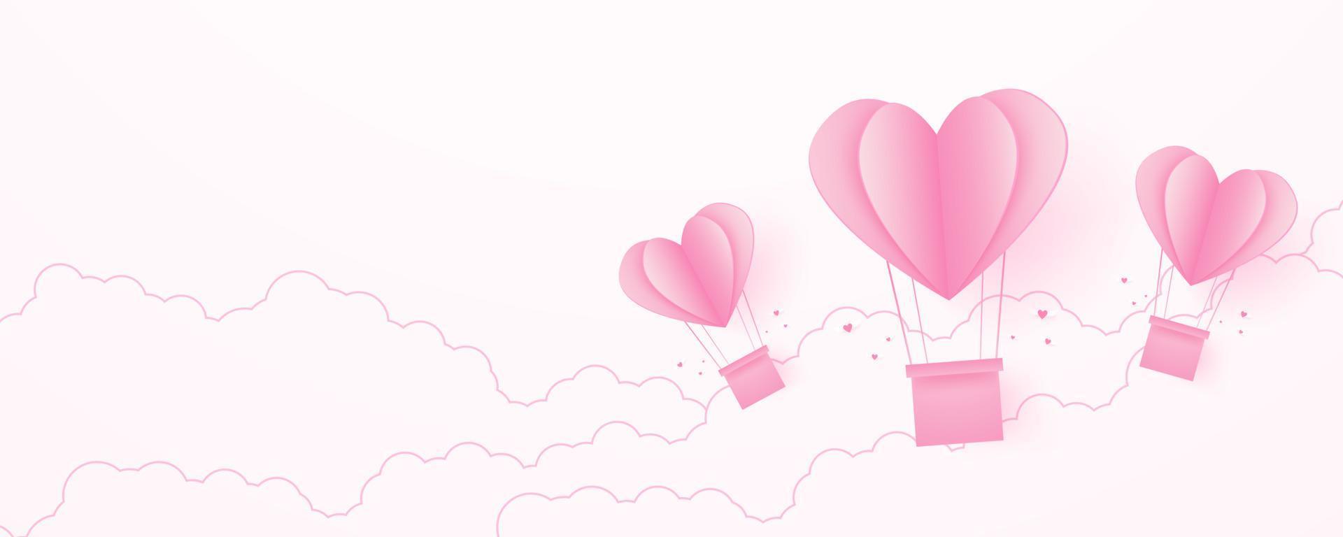 dia dos namorados, fundo de conceito de amor, balões de ar quente em forma de coração rosa de papel flutuando no céu com nuvens, espaço em branco, estilo de arte em papel vetor