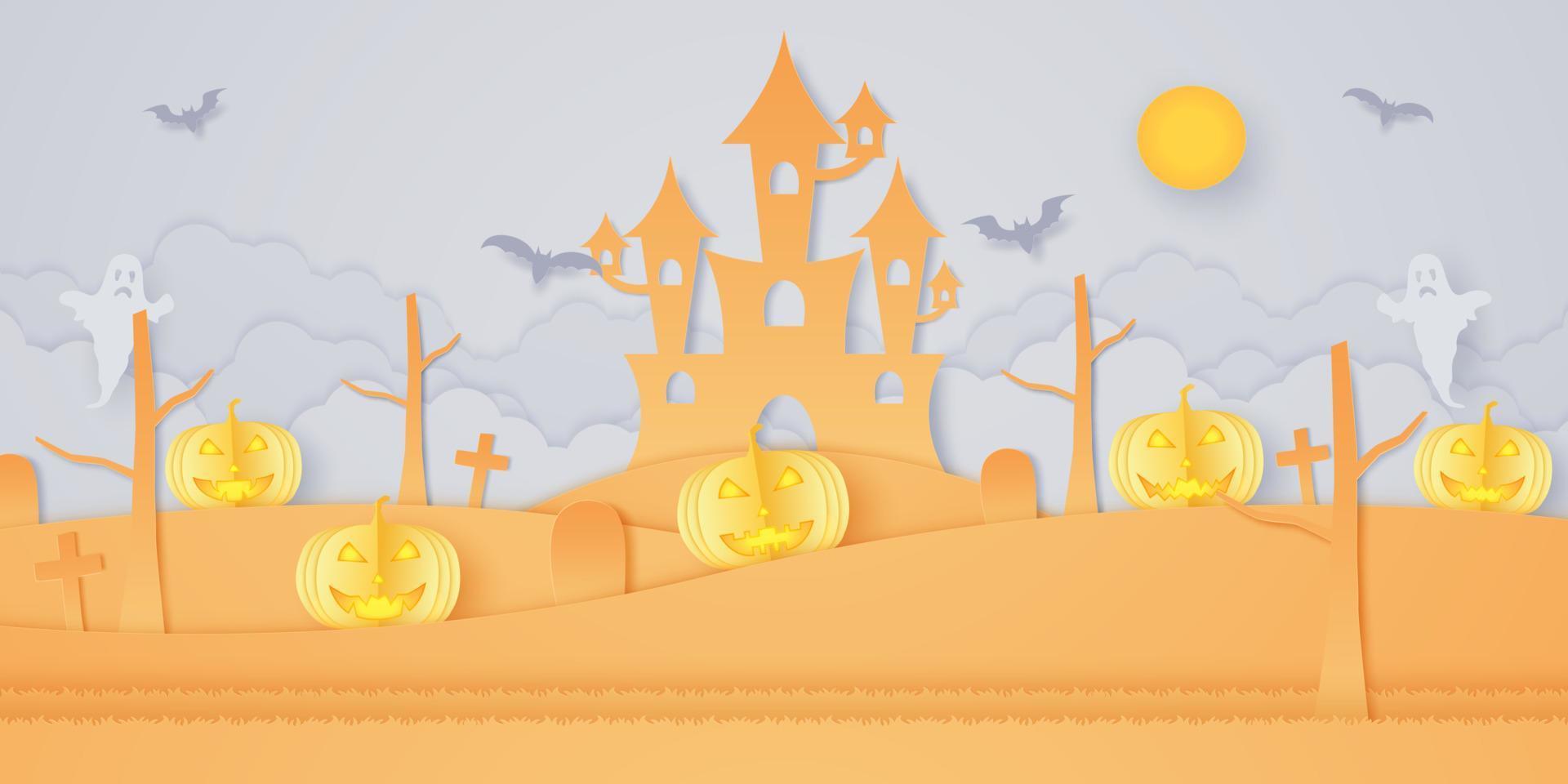 cabeça de abóbora de halloween na colina com castelo, cemitério, morcego, fantasma e lua brilhante, estilo arte em papel vetor