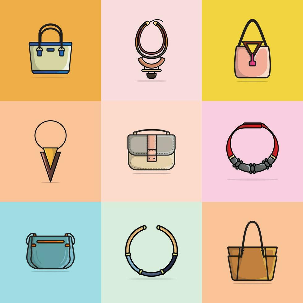 coleção do 9 lindo mulheres bolsas e festa colares vetor ilustração. beleza moda objetos ícone conceito. conjunto do na moda mulheres moda joalheria acessórios vetor Projeto.