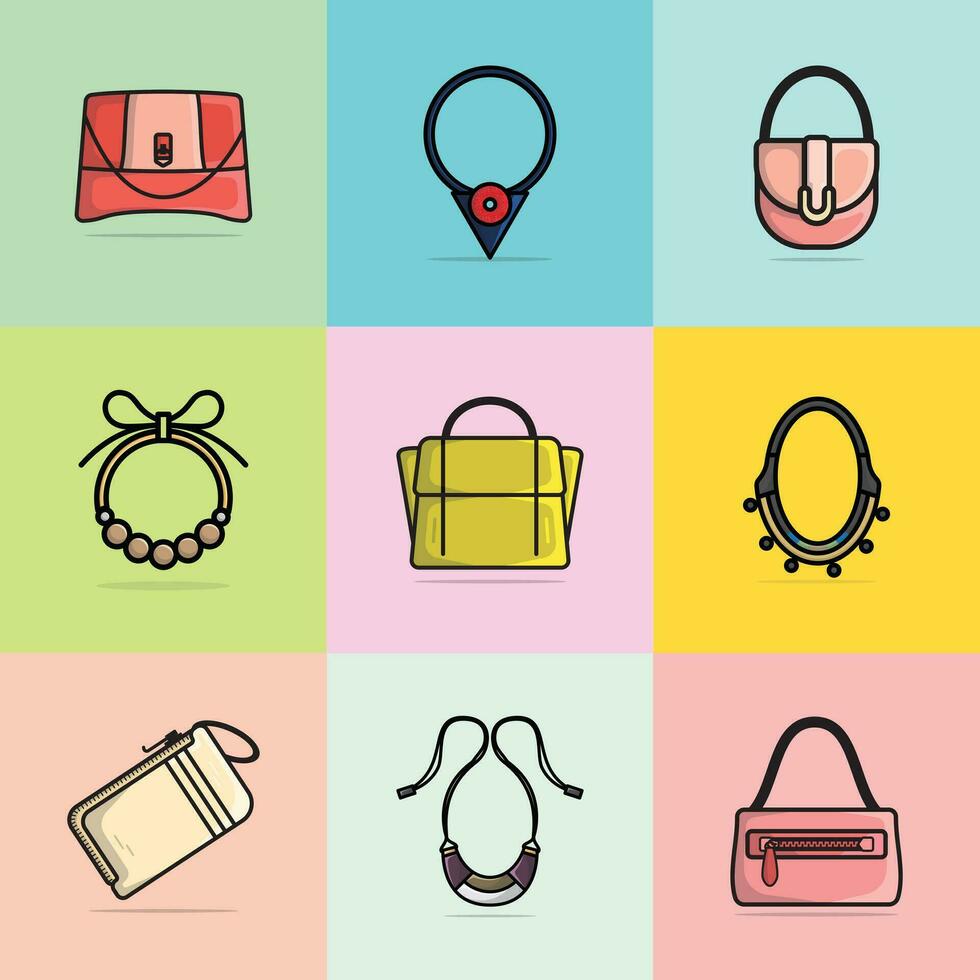 coleção do 9 mulheres moda embreagem couro bolsas e na moda colorida colares vetor ilustração. beleza moda objeto ícone conceito. conjunto do mulheres moda joalheria acessórios vetor Projeto.