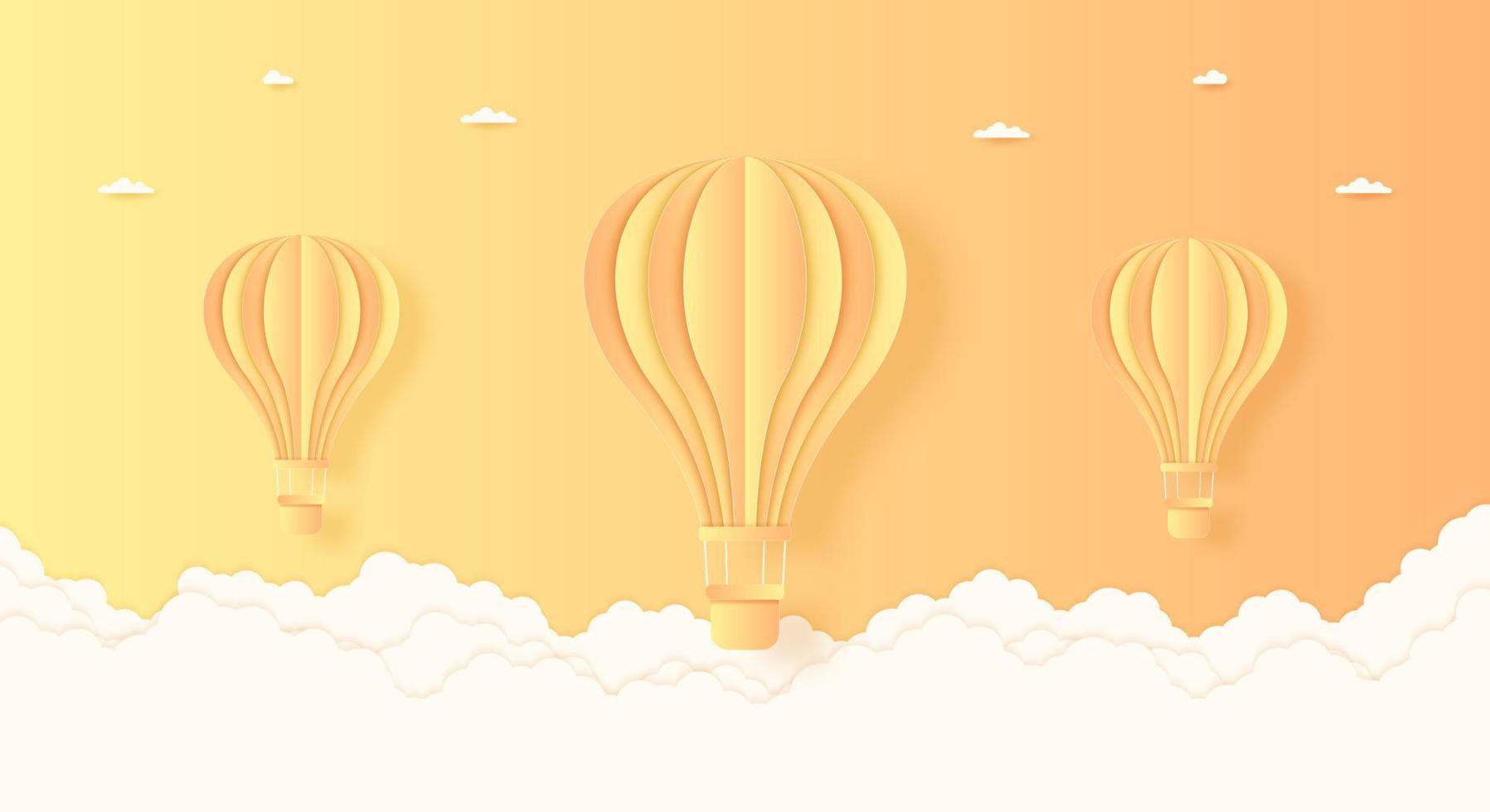 balões de ar quente de verão, laranja e amarelo voando no céu brilhante e nas nuvens, estilo arte em papel vetor