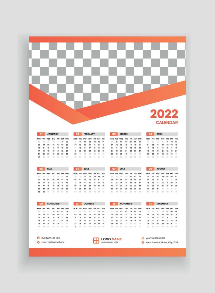 desenho de calendário de parede de uma página 2022. desenho de calendário de parede 2022. desenho de calendário de ano novo 2022. semana começa na segunda-feira. modelo para calendário anual 2022 vetor