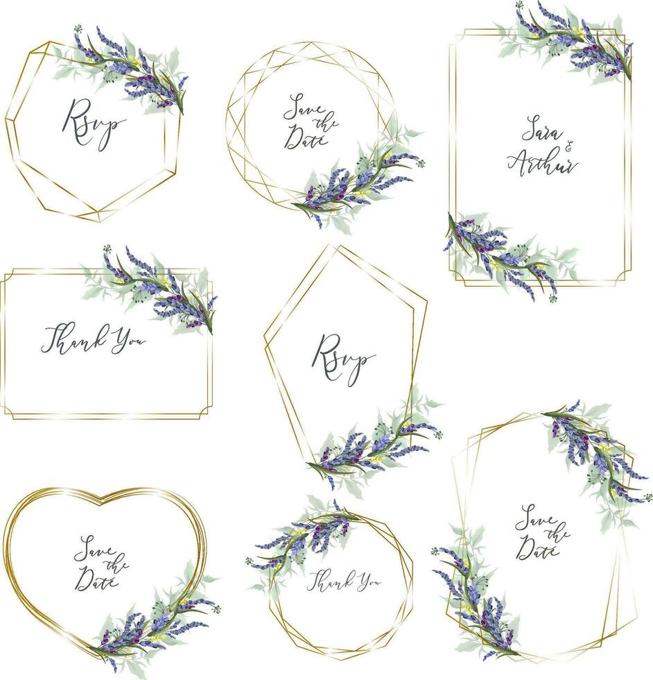 floral coleção. uma conjunto do quadros para Casamento Projeto. lavanda, ouro quadros. vetor