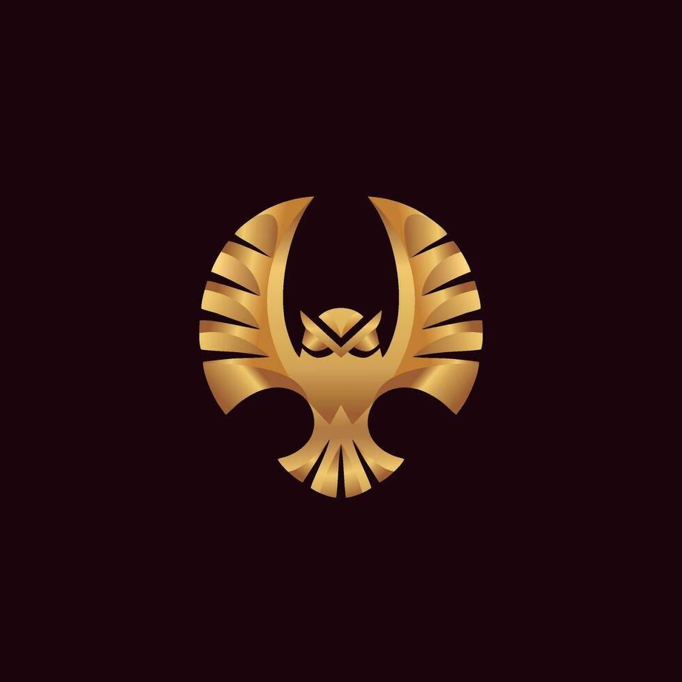 uma vetor ilustração do dourado coruja símbolo logotipo placa dentro Preto fundo com ouro brilho efeito