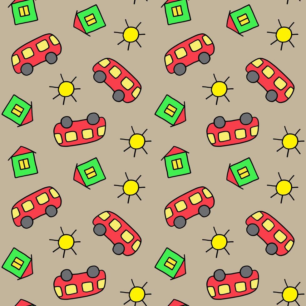 bonito padrão sem emenda para crianças. ônibus, casa e sol. impressão colorida. ilustração do estilo do doodle. imprimir para cartões, convites, chá de bebê, papel de embrulho, têxteis, roupas e decoração de quartos vetor