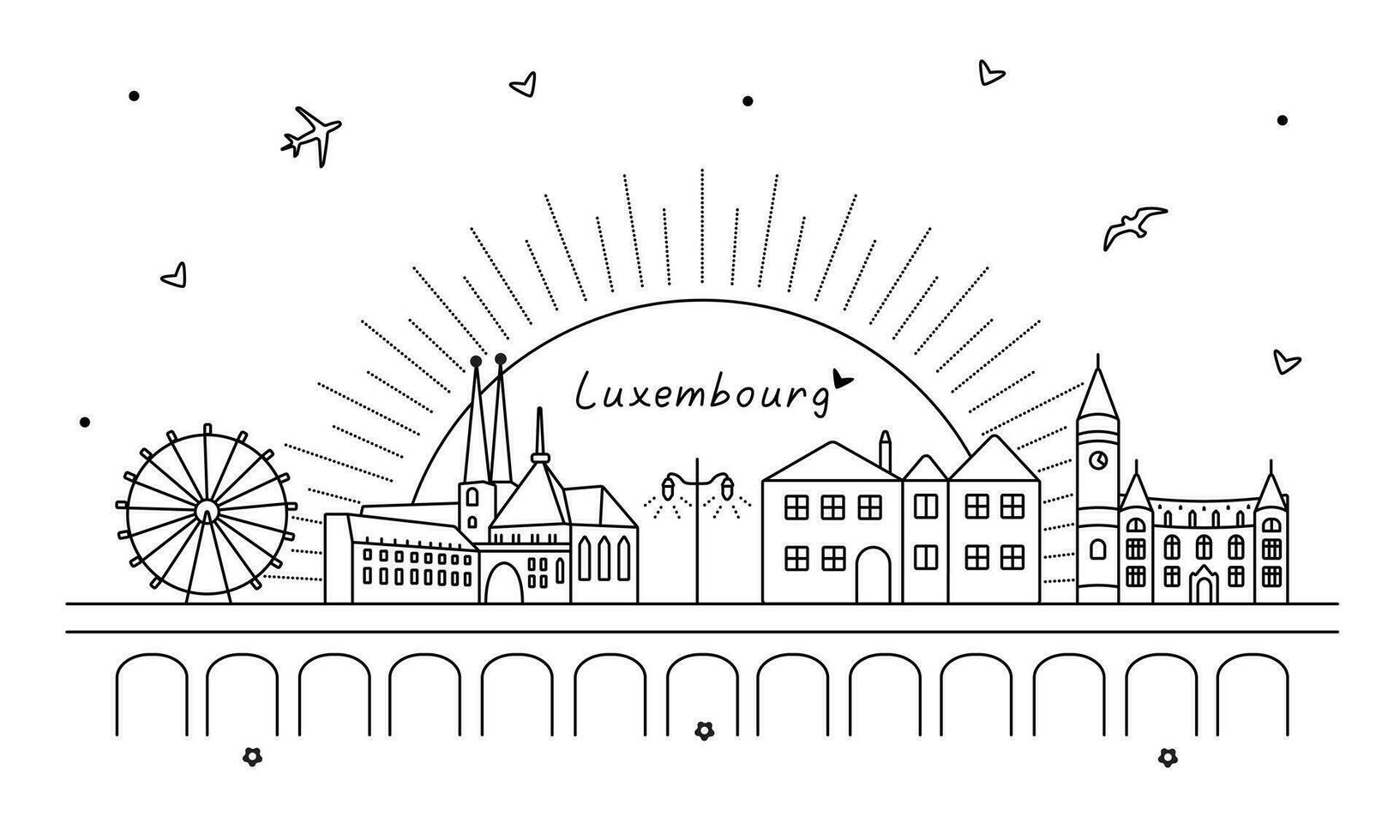 Luxemburgo Preto e branco vetor bandeira, monocromático ilustração do uma cidade marco, paisagem, panorama