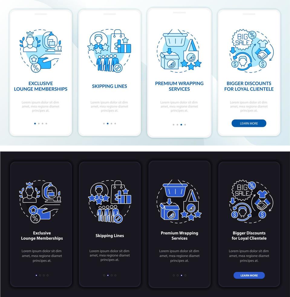 O programa de fidelidade oferece uma tela escura e clara da página do aplicativo para dispositivos móveis vetor