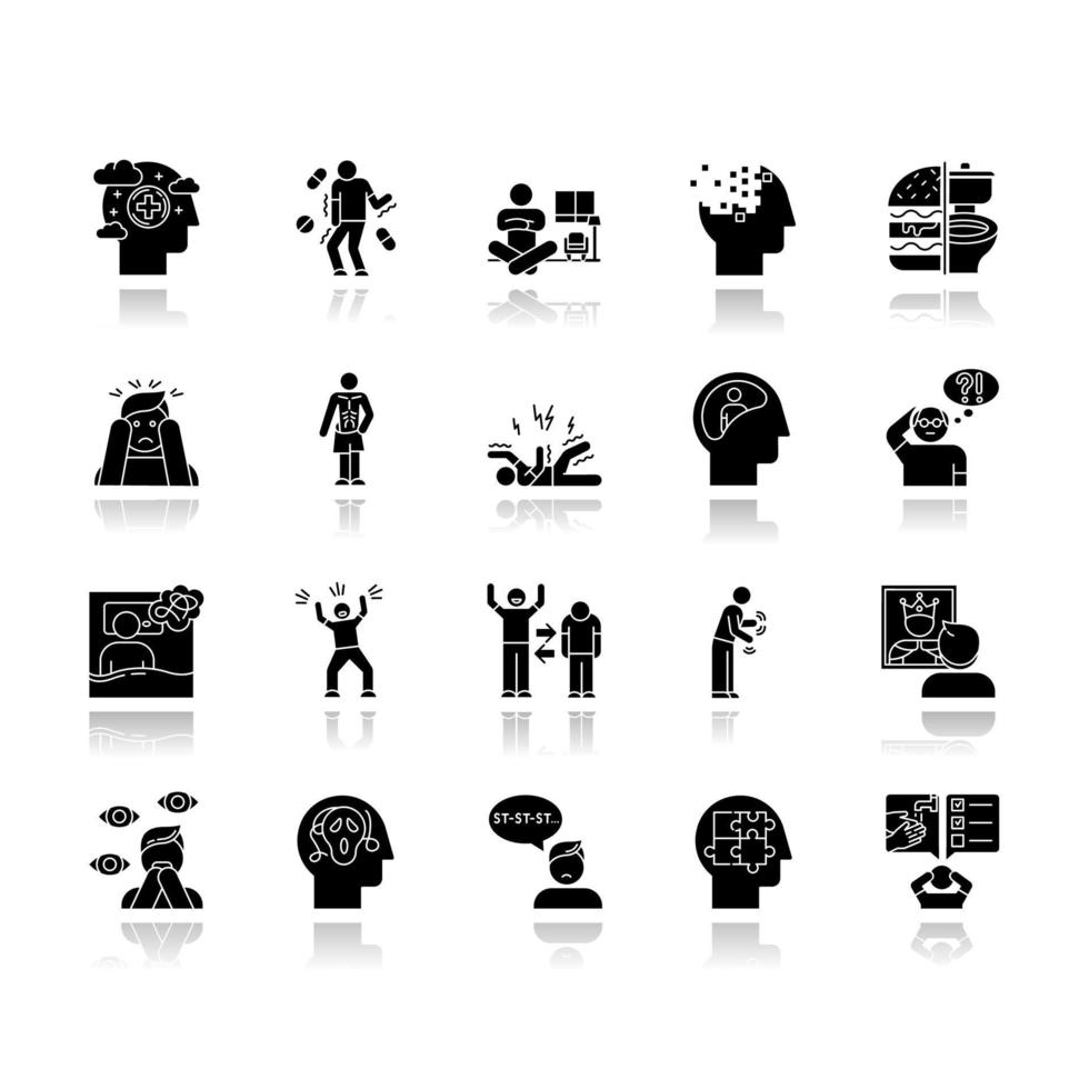 transtorno mental conjunto de ícones de glifo preto sombra projetada vetor
