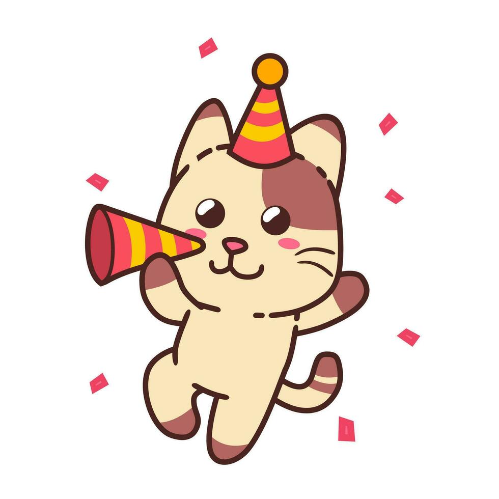 fofa adorável feliz Castanho gato aniversário aniversário surpresa festa desenho animado rabisco vetor ilustração plano Projeto estilo