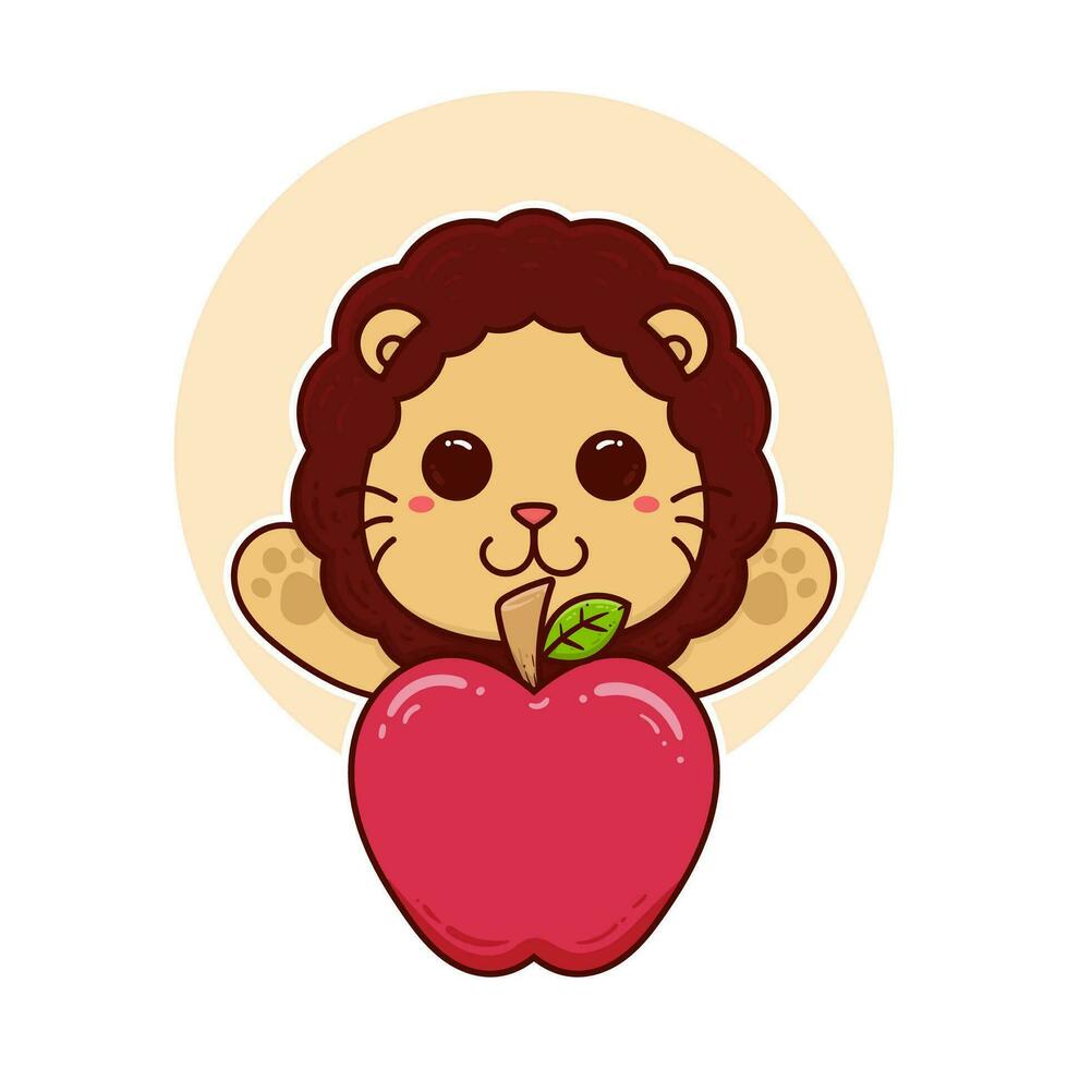 feliz fofa leão vermelho maçã fruta adorável desenho animado rabisco vetor