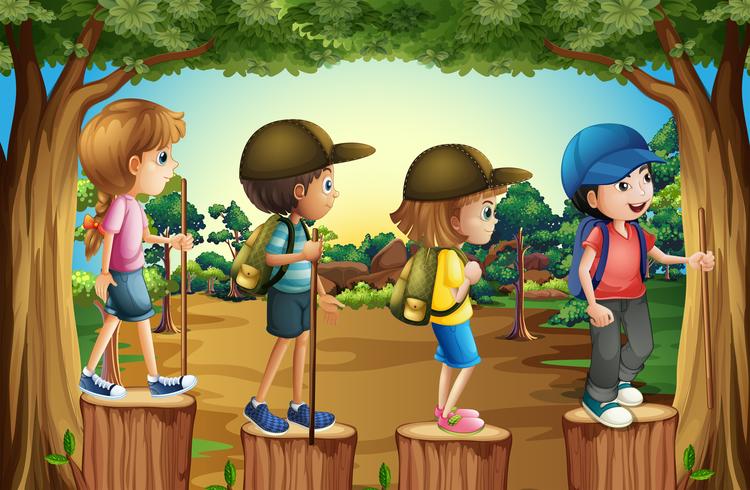Crianças, hiking, em, a, madeiras vetor