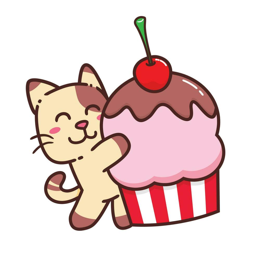 fofa adorável feliz Castanho gato comer Bolinho com Rosa creme desenho animado rabisco vetor ilustração plano Projeto estilo