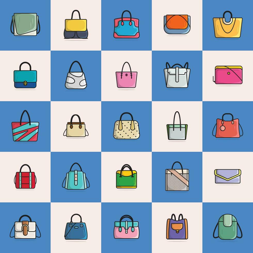 coleção do 25 mulheres evento bolsas vetor ilustração. beleza moda objetos ícone conceito. conjunto do mão e ombro bolsas modelos dentro moderno estilo vetor Projeto.