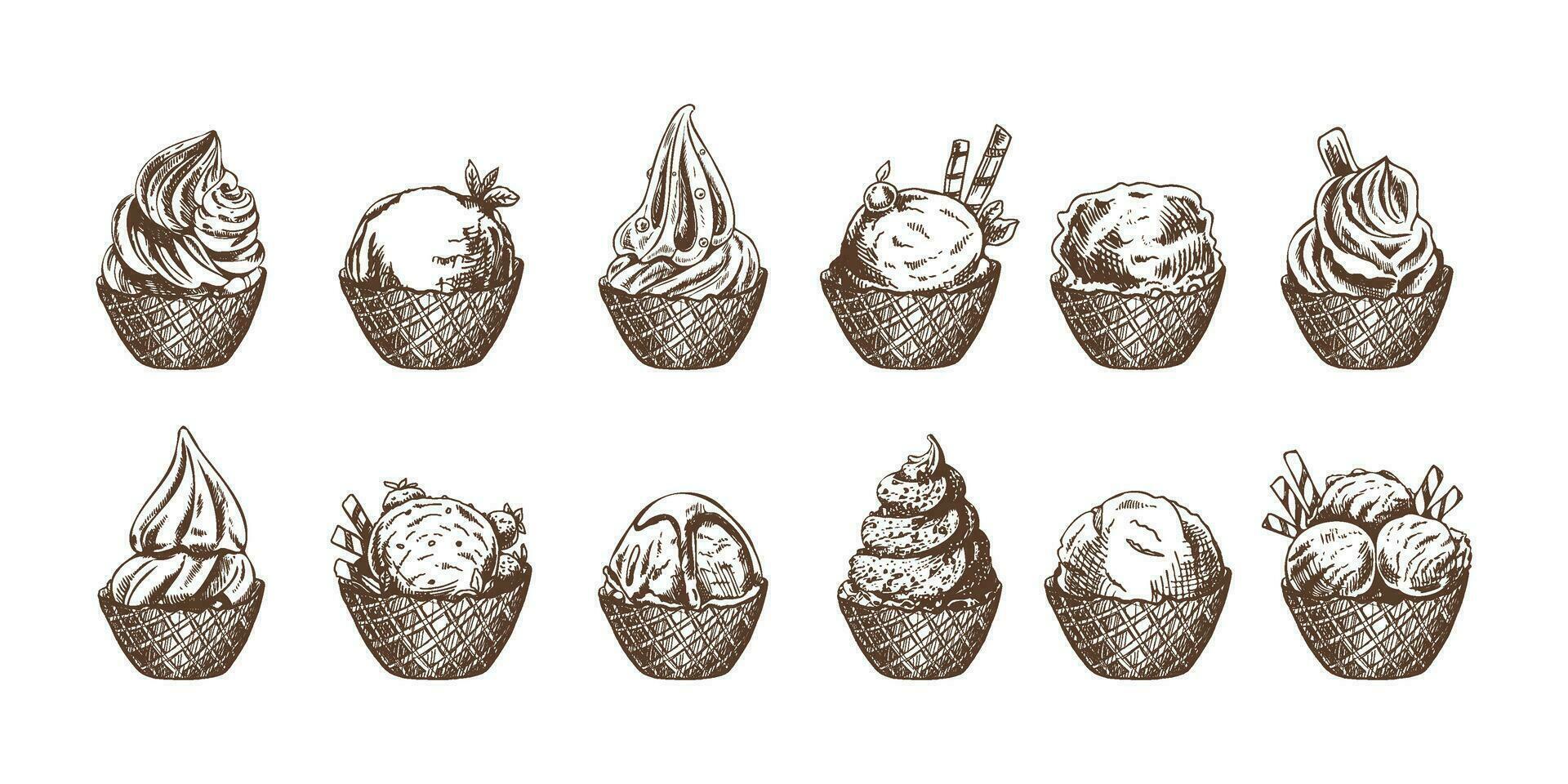 desenhado à mão esboço do gelo creme bolas, congeladas iogurte dentro waffle cestas. definir. vintage ilustração. elementos para rótulos, embalagem e cartões postais. doce Comida. vetor