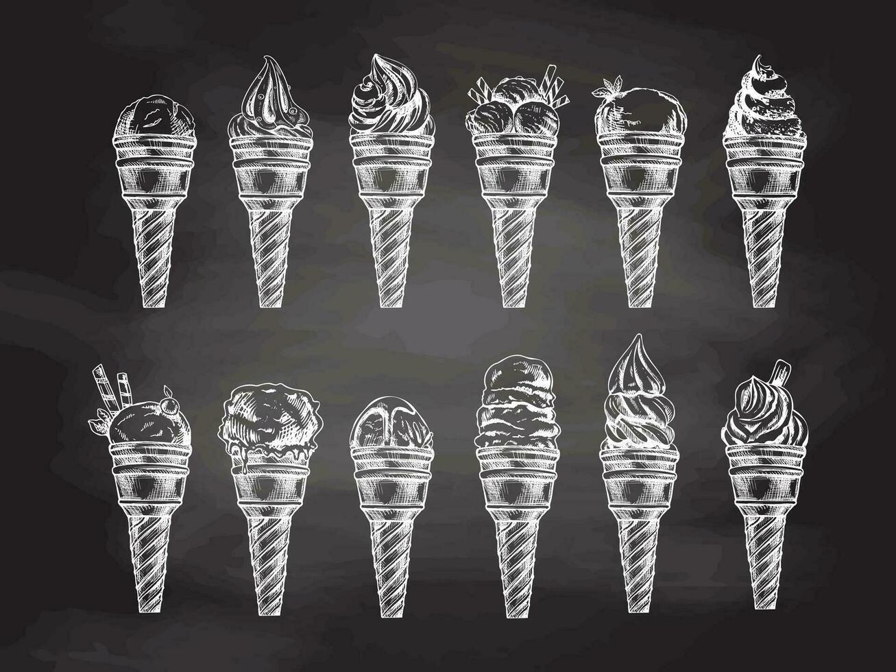 desenhado à mão esboço conjunto do gelo creme com diferente sabores dentro waffle cones em quadro-negro fundo. elemento para rótulos, embalagem e cartões postais. doce Comida. vetor