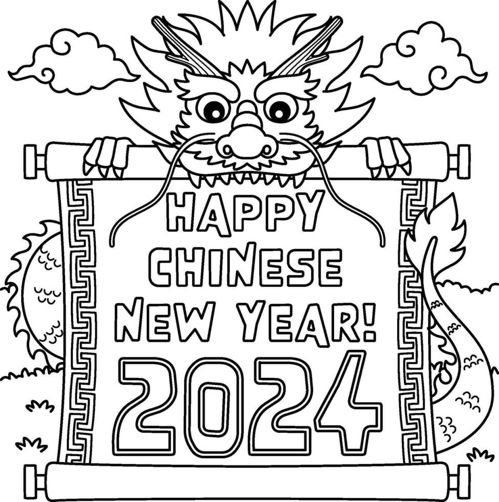 feliz chinês ano 2024 coloração página para crianças vetor