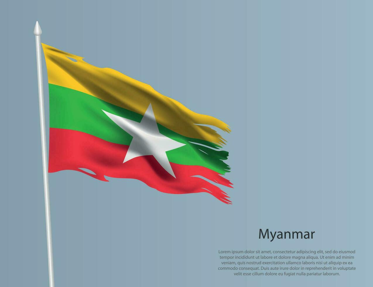 irregular nacional bandeira do myanmar. ondulado rasgado tecido em azul fundo vetor