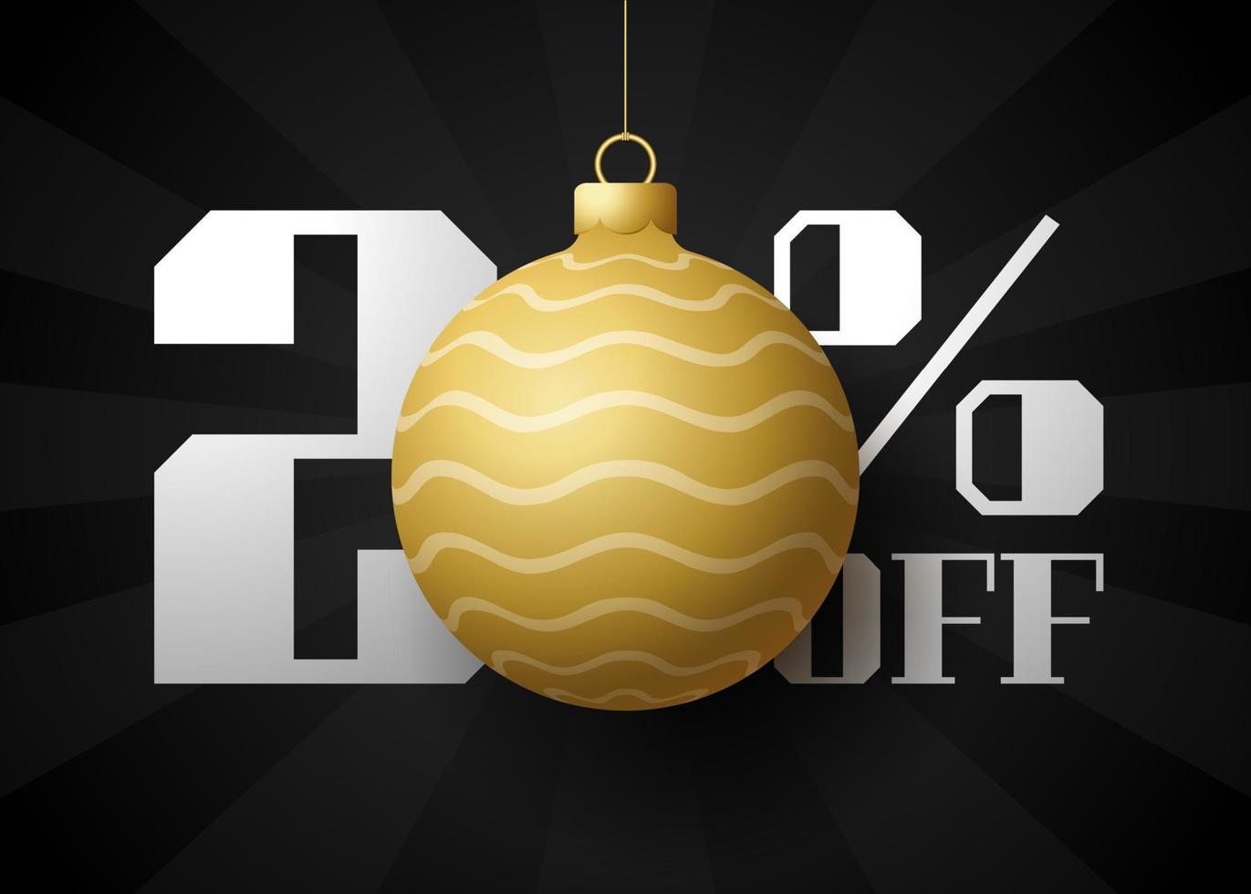 banner de grande venda de feliz Natal. venda de natal de luxo com 20% de desconto no modelo de banner real preto com bola dourada decorada pendurada em um fio. feliz ano novo e ilustração vetorial de natal vetor