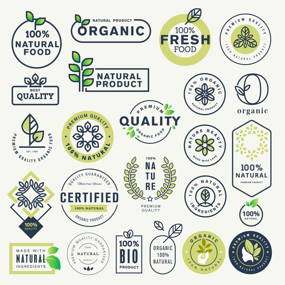 conjunto de etiquetas e adesivos para alimentos e bebidas orgânicos e produtos naturais vetor