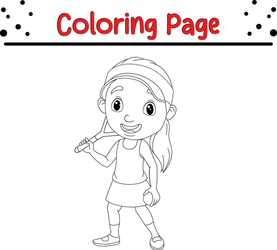 pequeno menina jogando tênis coloração página vetor
