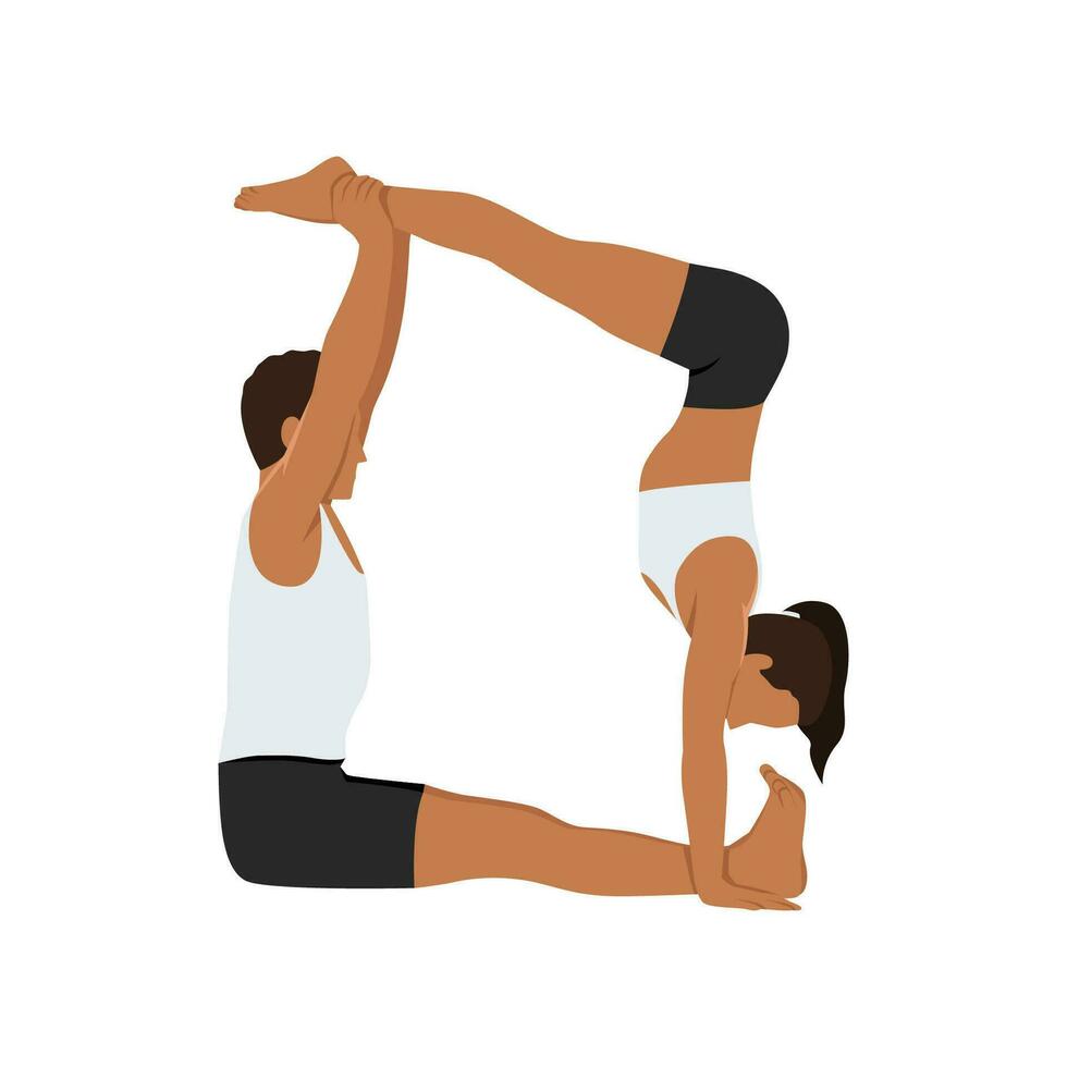 jovem casal fazendo acroyoga Jedi caixa, ginástica ou pilates prática dentro par, ioga com parceiro, pino com apoiar. vetor