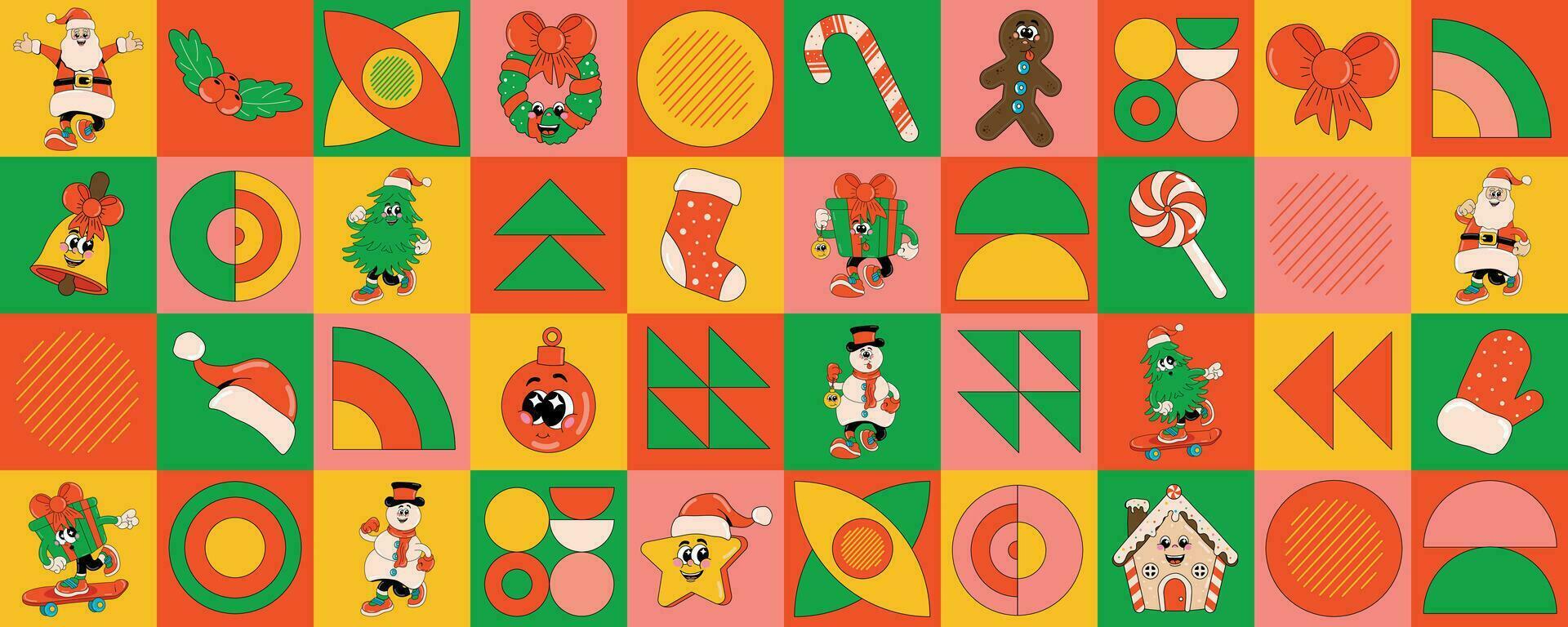 Natal desatado padronizar com elementos do feriado ícones papai noel, árvore, boneco de neve, Pão de gengibre, estrela, bola. moderno vetor ilustração para invólucro papel, fundo, papel de parede, projeto, decoração.