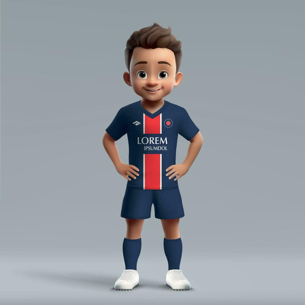 3d desenho animado fofa jovem futebol jogador dentro futebol uniforme vetor