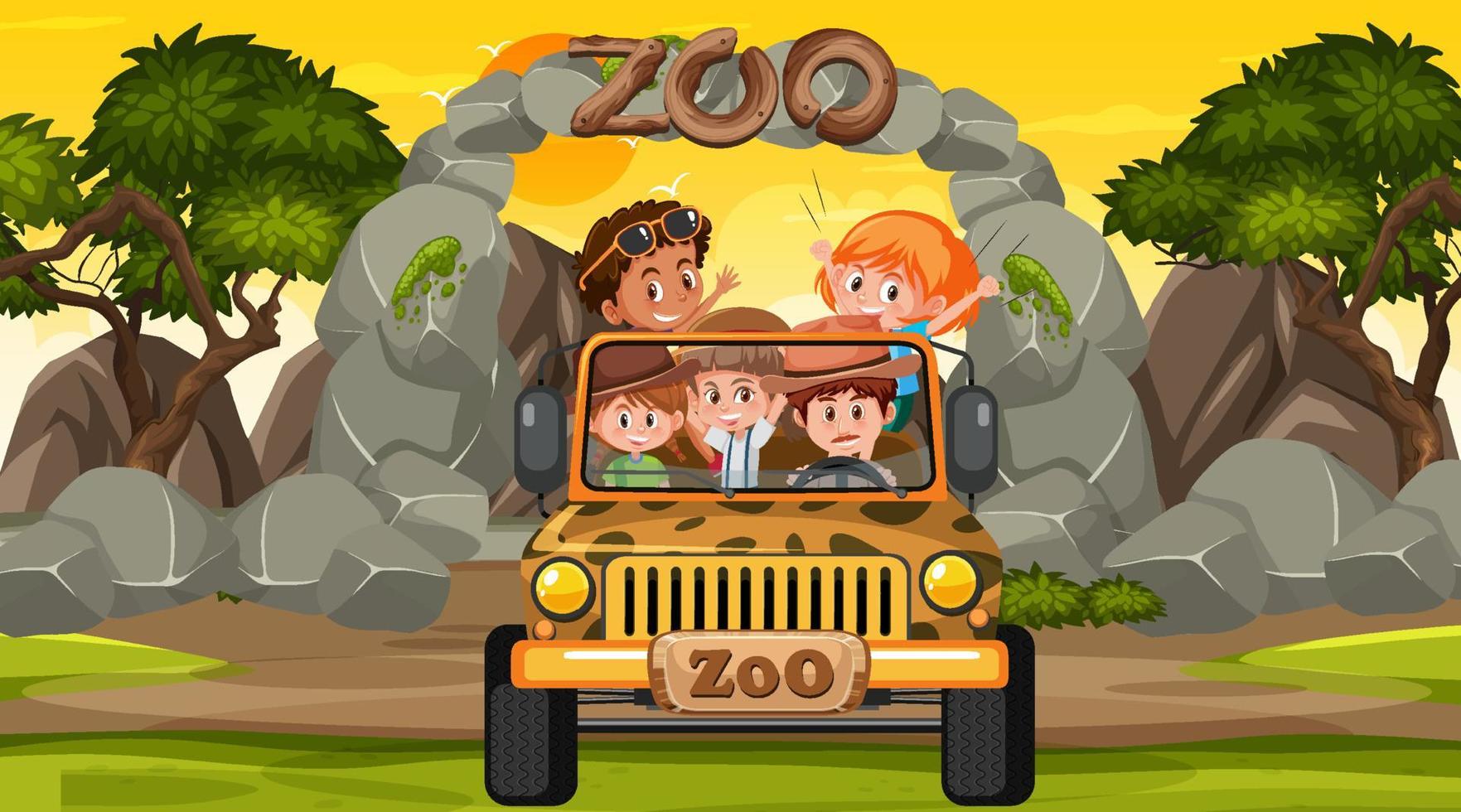 zoológico na hora do pôr do sol com muitas crianças em um carro jipe vetor