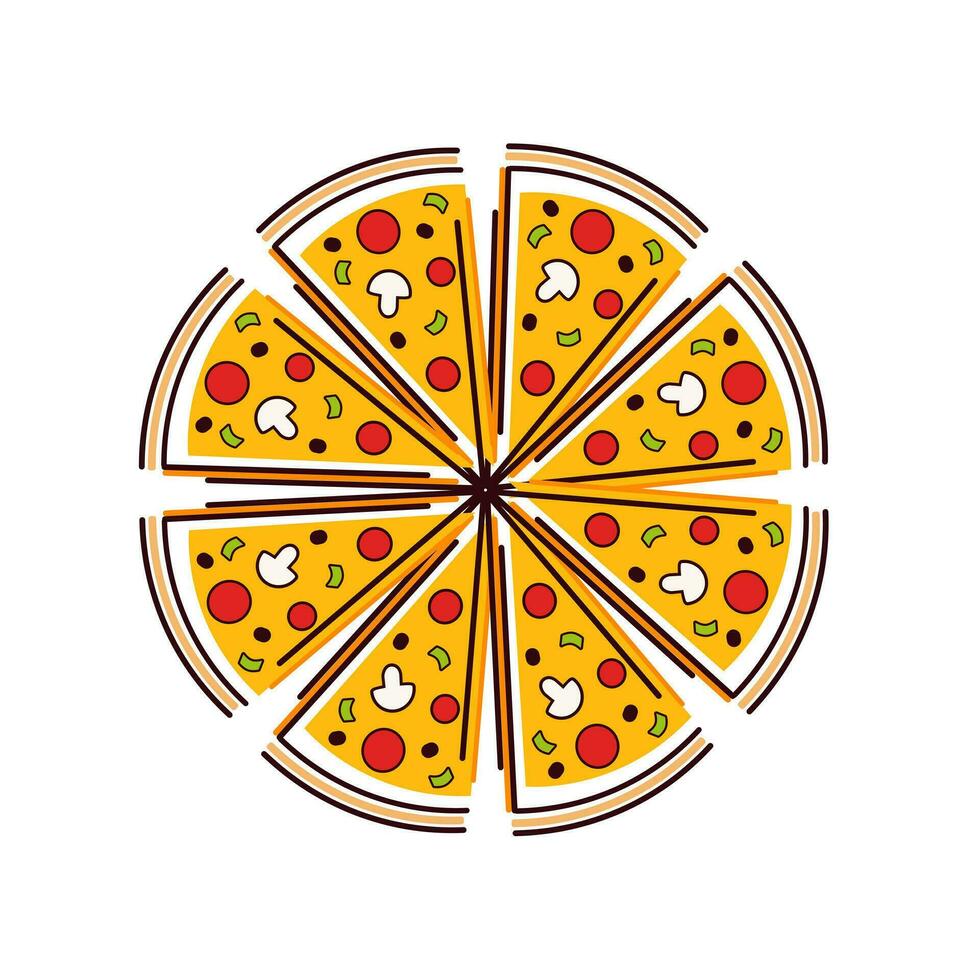picado pizza ícone. velozes Comida vetor ilustração.iiisolado em branco fundo. todo pizza. não padrão corte. cebola, manjericão, cogumelo, salsicha, especiarias, tomate.