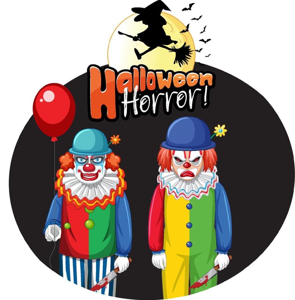 Distintivo de terror de halloween com dois palhaços assustadores vetor