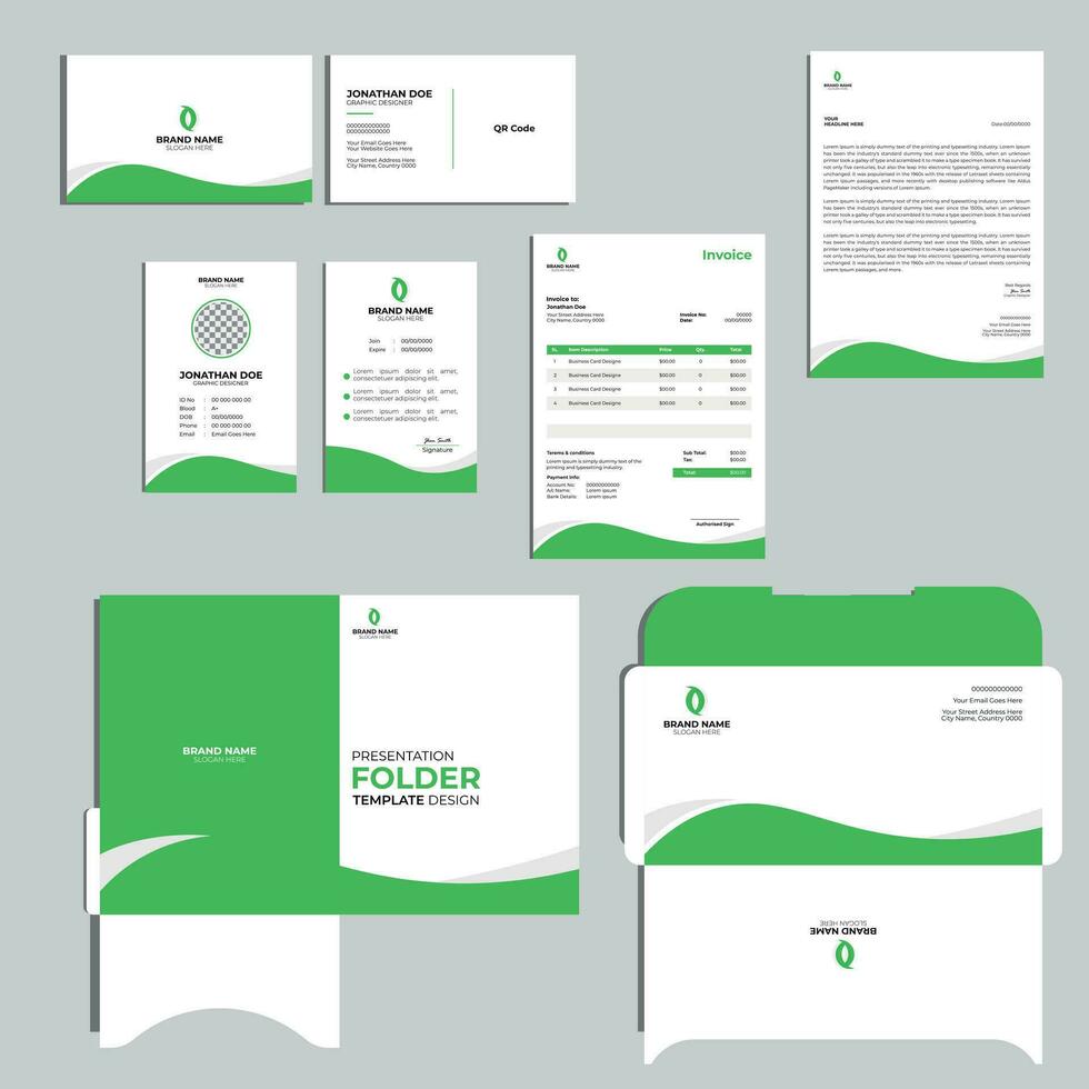 marca identidade brincar do papelaria conjunto com verde e branco abstrato geométrico Projeto. o negócio escritório estacionário brincar modelo vetor
