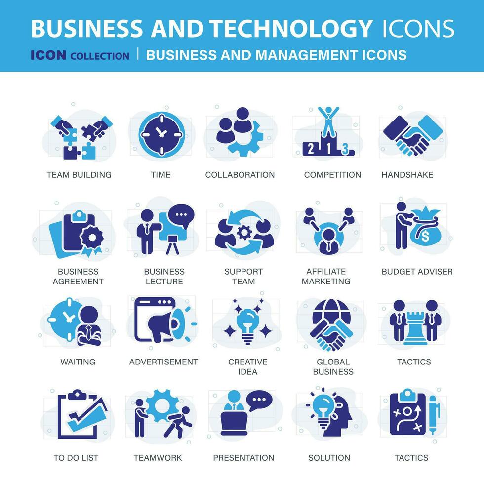 o negócio e gestão ícone definir. ícones para liderança, trabalho em equipe, trabalho e trabalhar, Estatisticas, analytics e anúncio. plano vetor ilustração. azul ícone para o negócio coleção