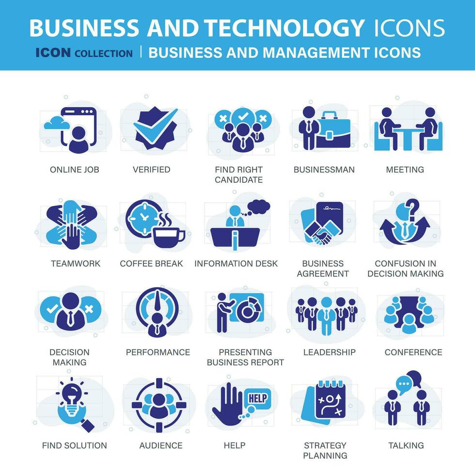 o negócio e marketing, gerenciamento, encontrar trabalho, reunião, trabalho em equipe coleção. conjunto do azul ícones definir. plano vetor ilustração