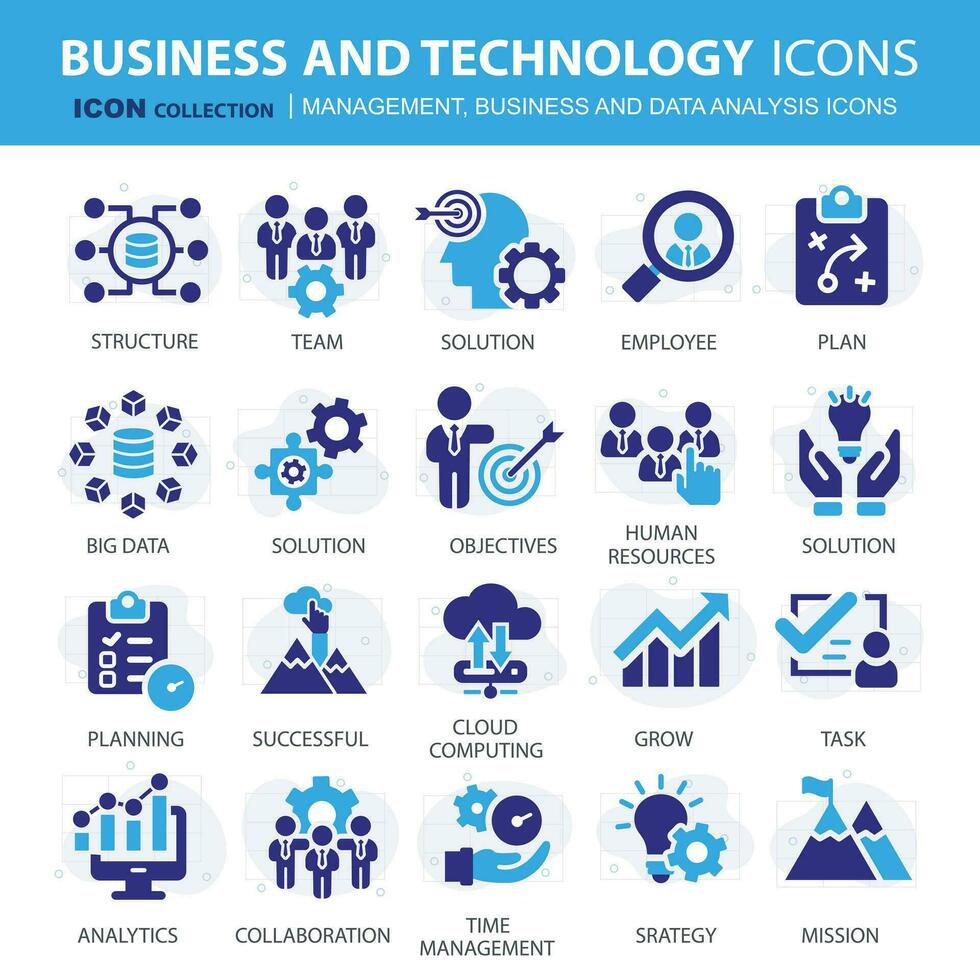 negócios, dados análise, organização gestão e tecnologia ícone definir. trabalho em equipe, estratégia, planejamento, marketing, nuvem tecnologia, dados análise, empregado ícone definir. ícones vetor coleção